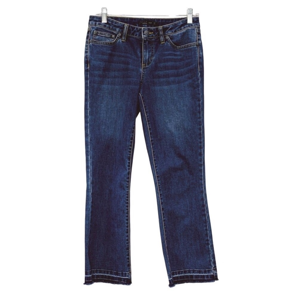 Prana Cia Cropped Flare Jeans Blue Denim Size 27 Released Raw Hem Mid Rise
